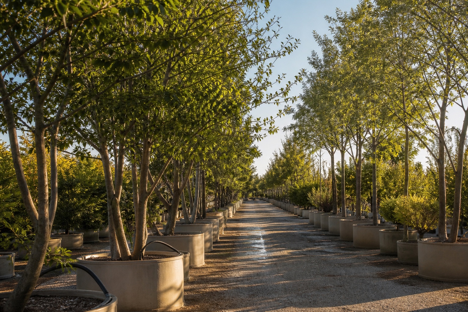 Representative nursery aisle lined with container trees